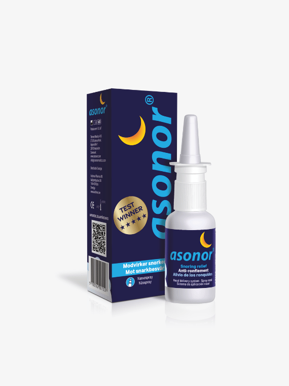 Asonor næsespray mod snorken med mørkeblå æske, gul måne og testvinder-mærkat