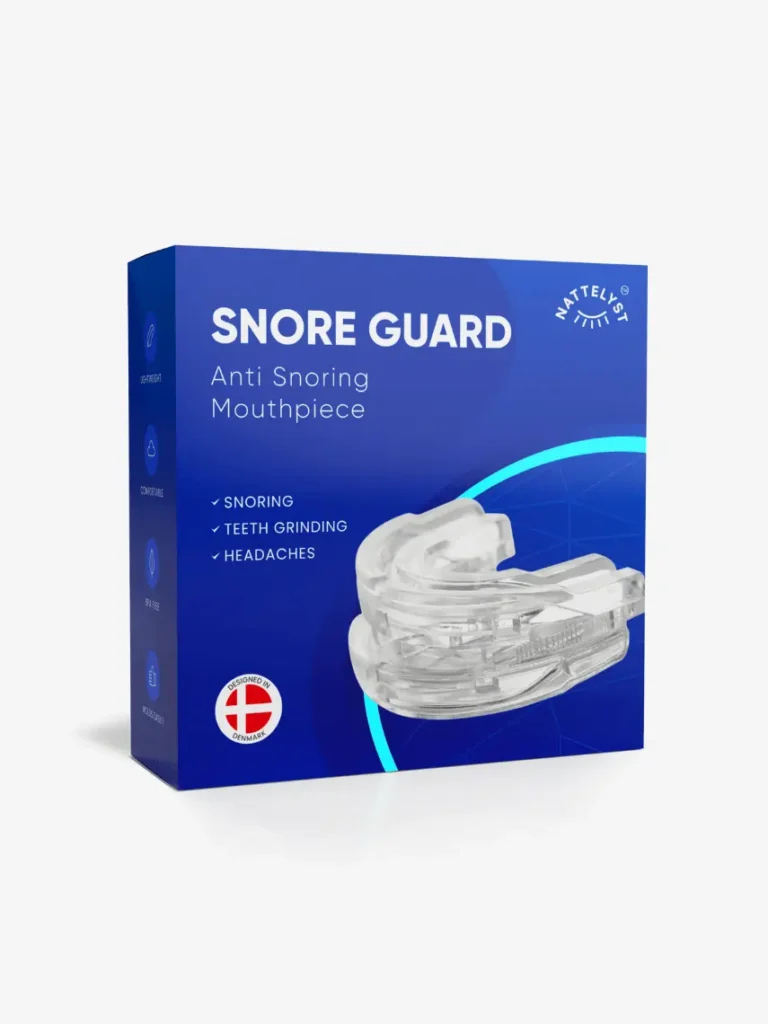 Snore Guard anti-snorke mundstykke i klart materiale foran blå emballage