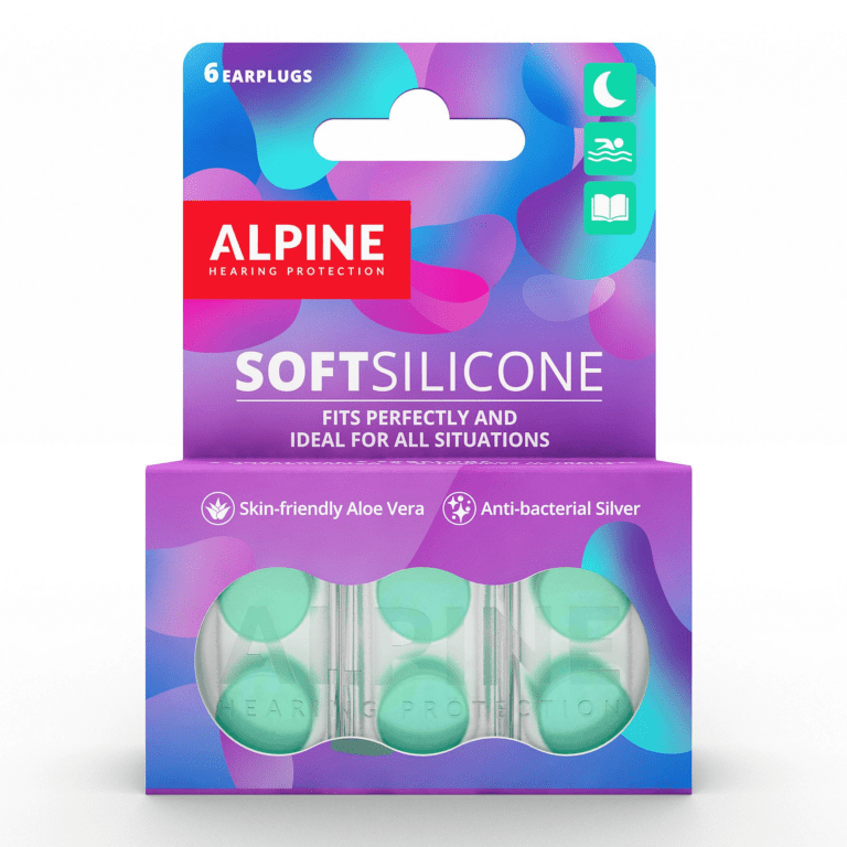 Alpine Soft Silicone ørepropper i opbevaringsetui, blød aloe vera-silikone, antibakteriel, 6 stk.