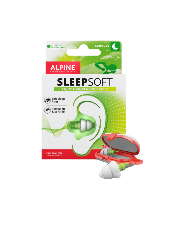 Alpine SleepSoft bløde grønne ørepropper med genlukkelig rød etui til støjreduktion og bedre søvn