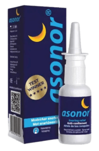 Asonor næsespray til lindring af snorken, hvid flaske med mørkeblå emballage og gul halvmåne