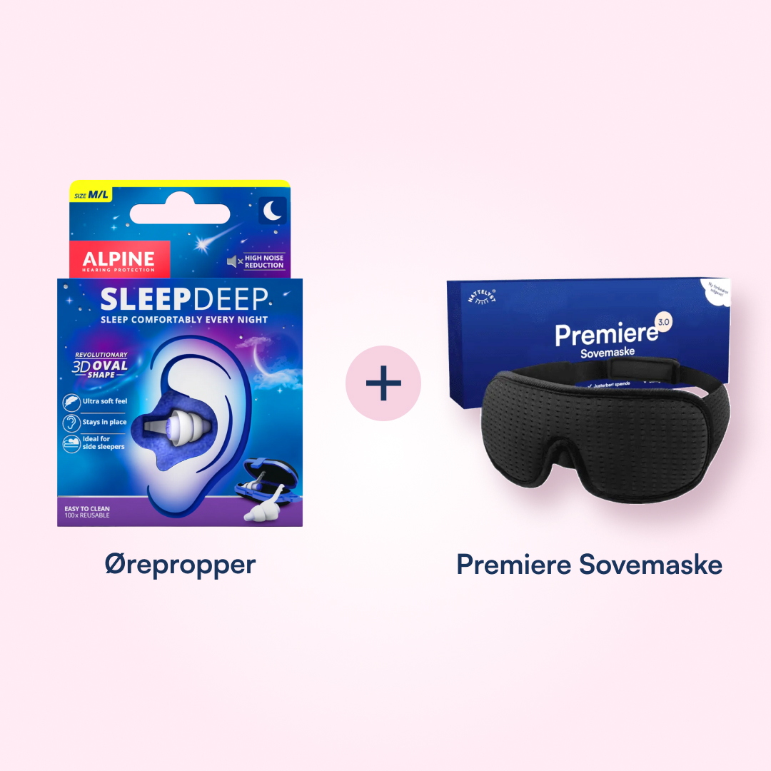 Søvnpakke med Alpine SleepDeep ørepropper og Premiere sort sovemaske for bedre nattesøvn