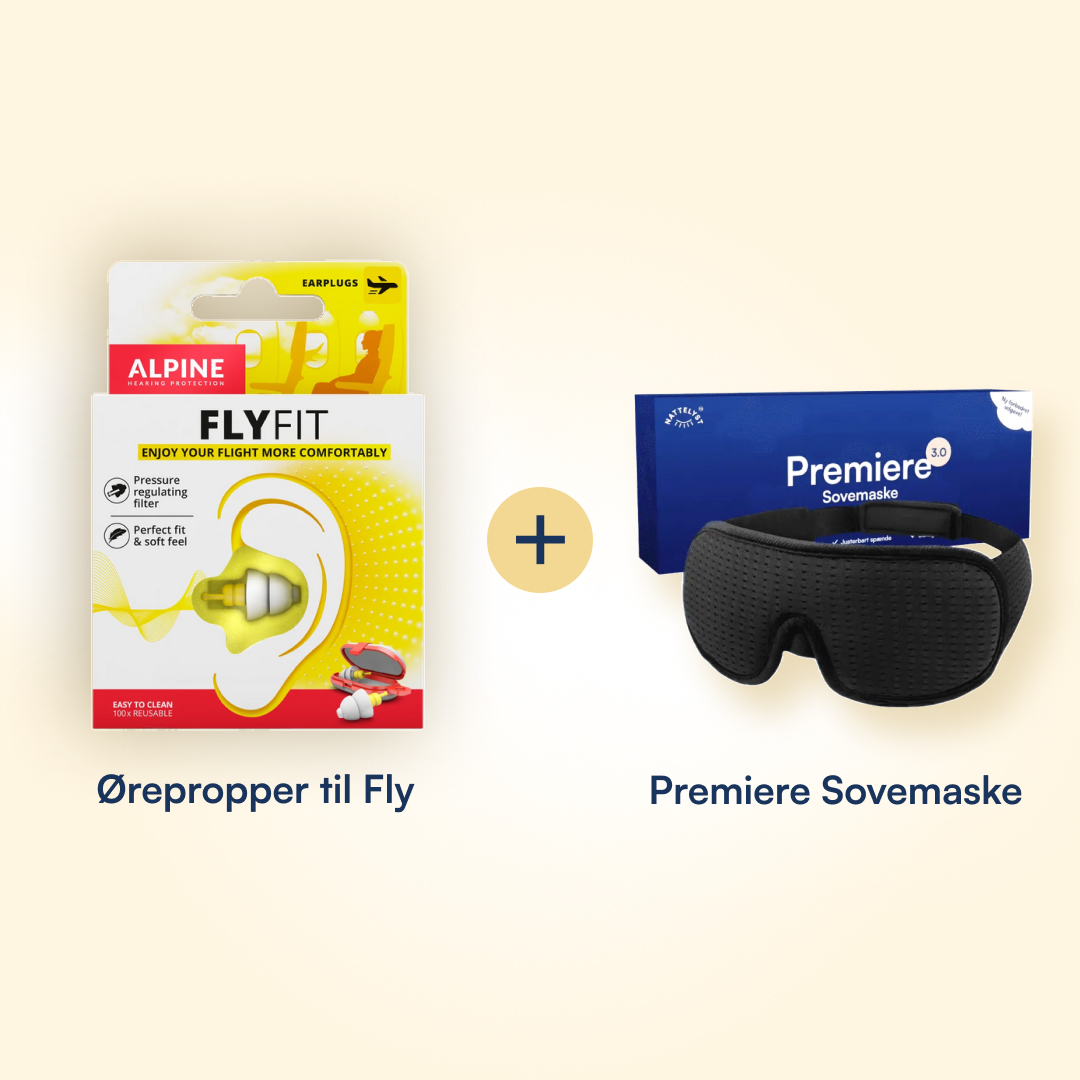 Alpine FlyFit ørepropper og Premiere sovemaske til komfortabel søvn på flyveturen