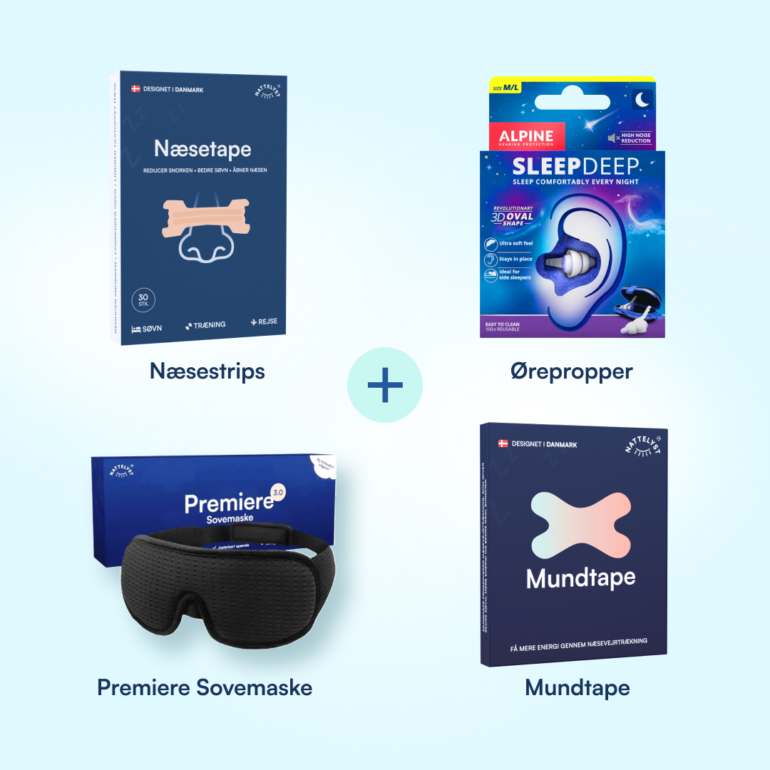 Sæt med næsetape, ørepropper, Premiere sovemaske og mundtape til bedre og rolig søvn