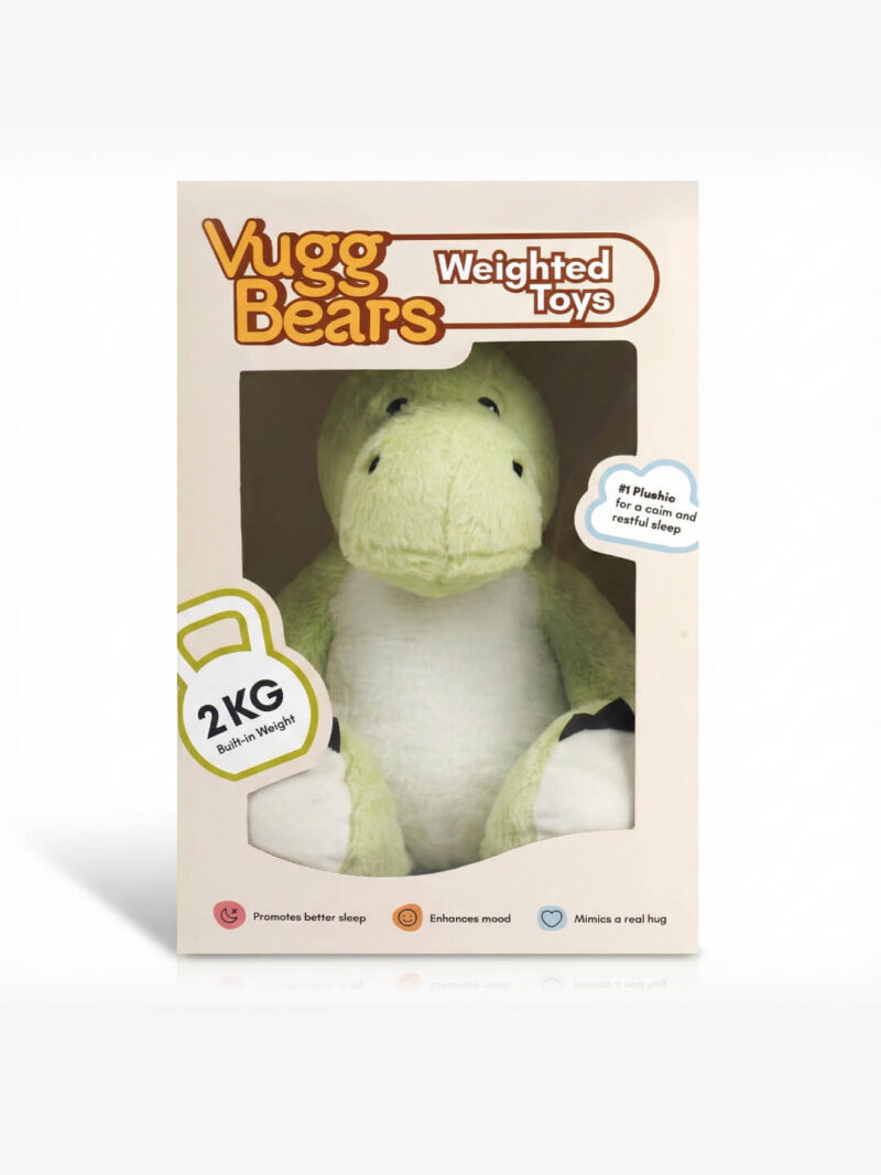Vugg Bears vægtet grøn dinosaurbamse i æske med 2 kg indbygget vægt for bedre søvn