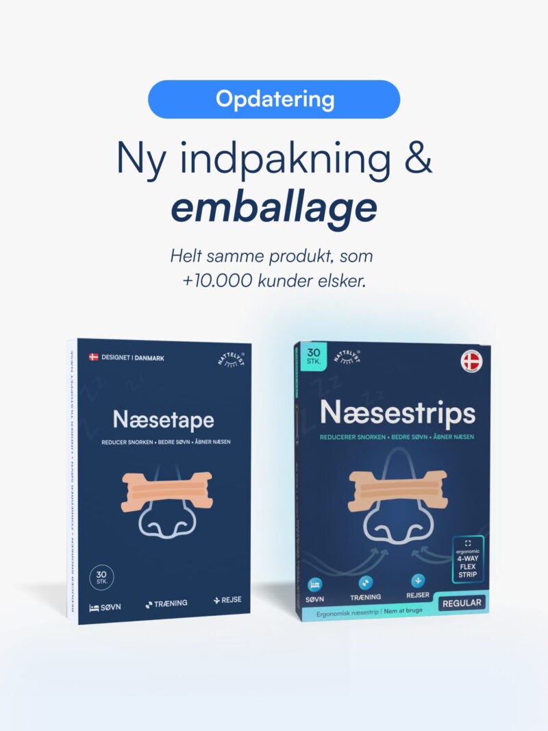 Ny indpakning af næsetape og næsestrips i to mørkeblå pakker med næseillustration og tape